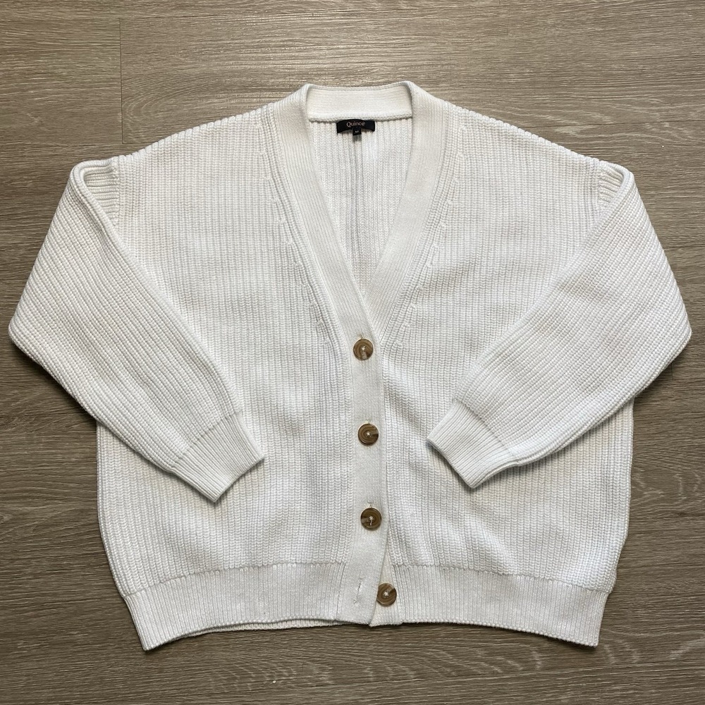 Quince Ribbed Knit Cardigan Sweater Women's M White Cotton Minimal Refined Coast - Picture 2 of 5